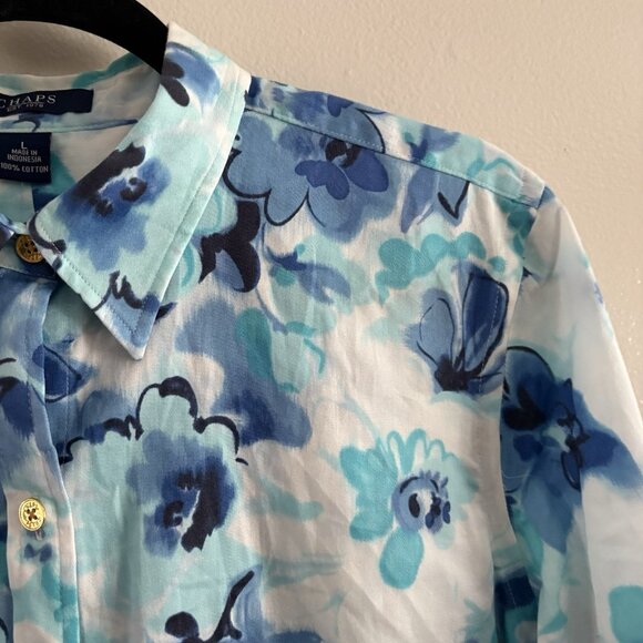 Chaps At the Seashore Womn L White/Blue Floral 3/4 Sleeve Gold Button Blouse NWT - Picture 6 of 11